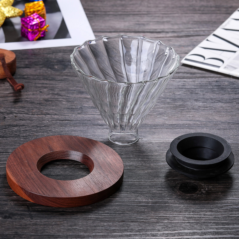 五家务鸡翅木底座V60玻璃滤杯 高硼硅耐热咖啡壶条纹漏斗配套器具