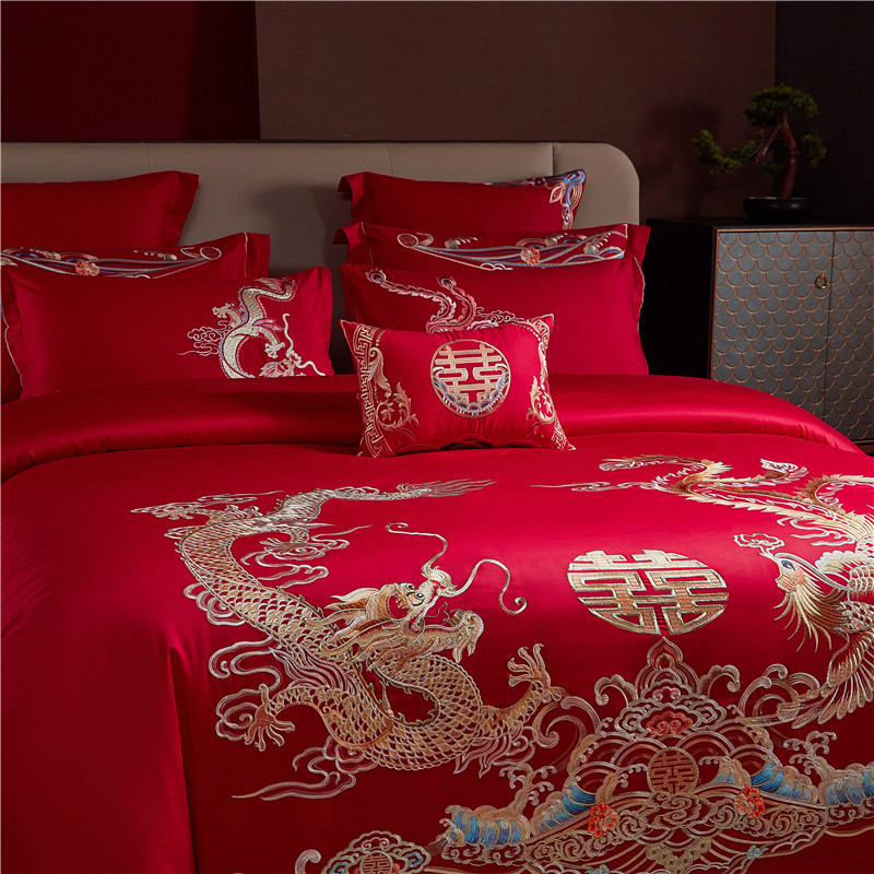 婚庆四件组床上用品纯棉结婚被套大红色床单全棉婚嫁龙凤喜被新婚