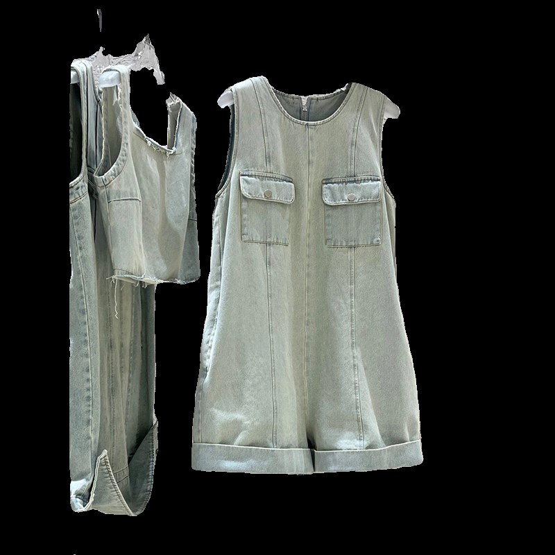 女童牛仔连体裤女水洗做旧高级感2024夏季无袖阔腿小个子短裤童装
