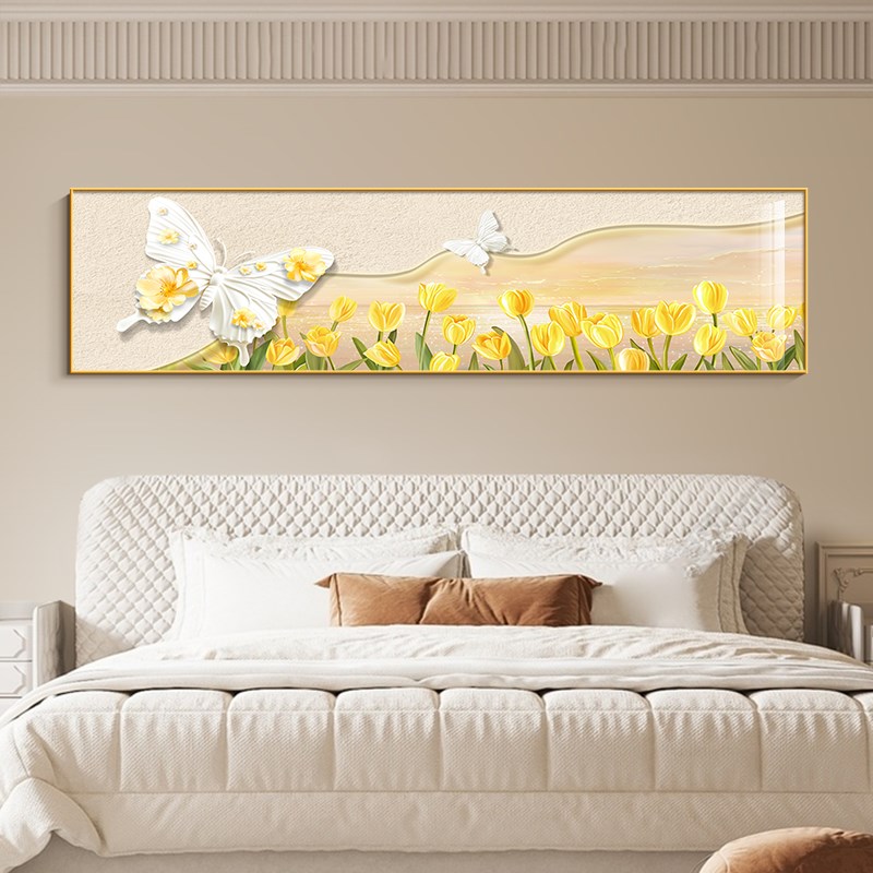 北欧奶油风主卧室装饰画黄色郁金香大气挂画蝴蝶横版床头壁画图片