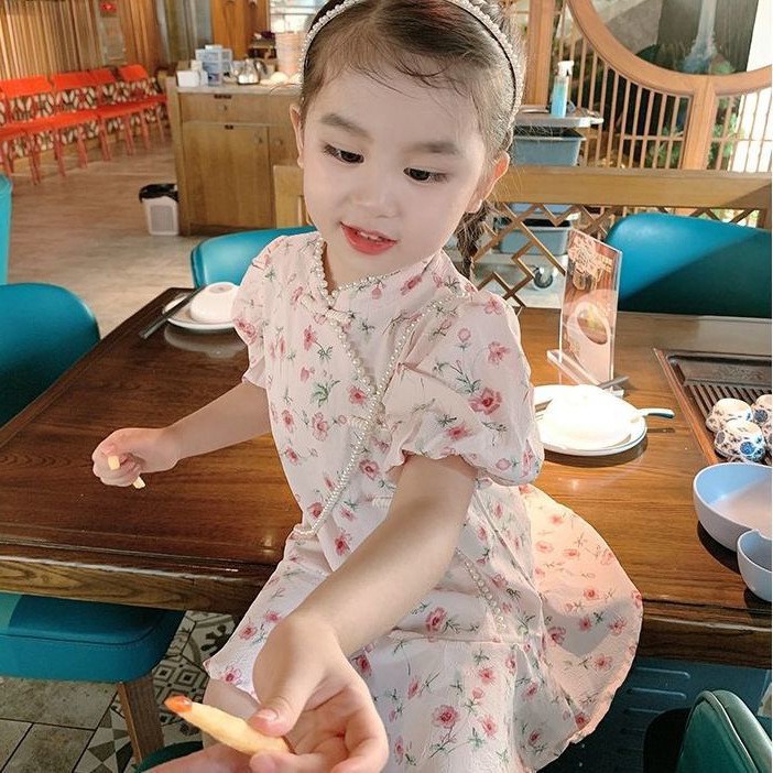 女童雪纺洋气碎花连衣裙2023夏季短袖小女孩薄款宝宝旗袍公主裙子