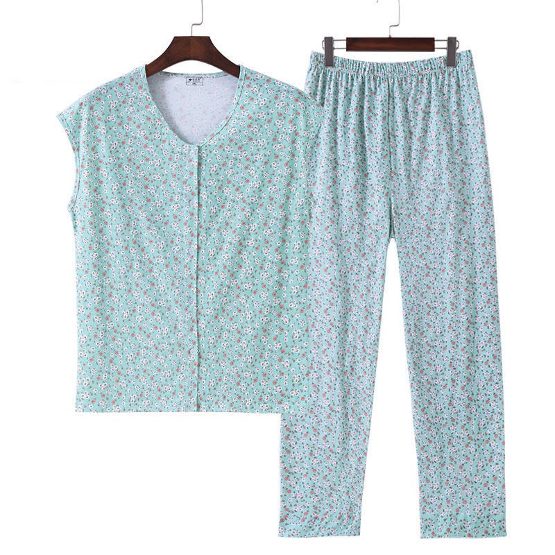 中老年开衫宽肩背心睡衣套装女夏季薄款对襟砍袖汗衫老太太家居服