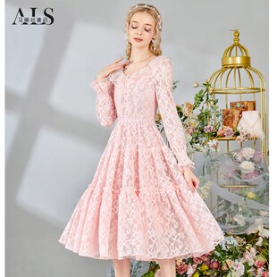 艾丽丝2025春季新款长袖木耳边中长款连衣裙女粉色甜美公主风裙子
