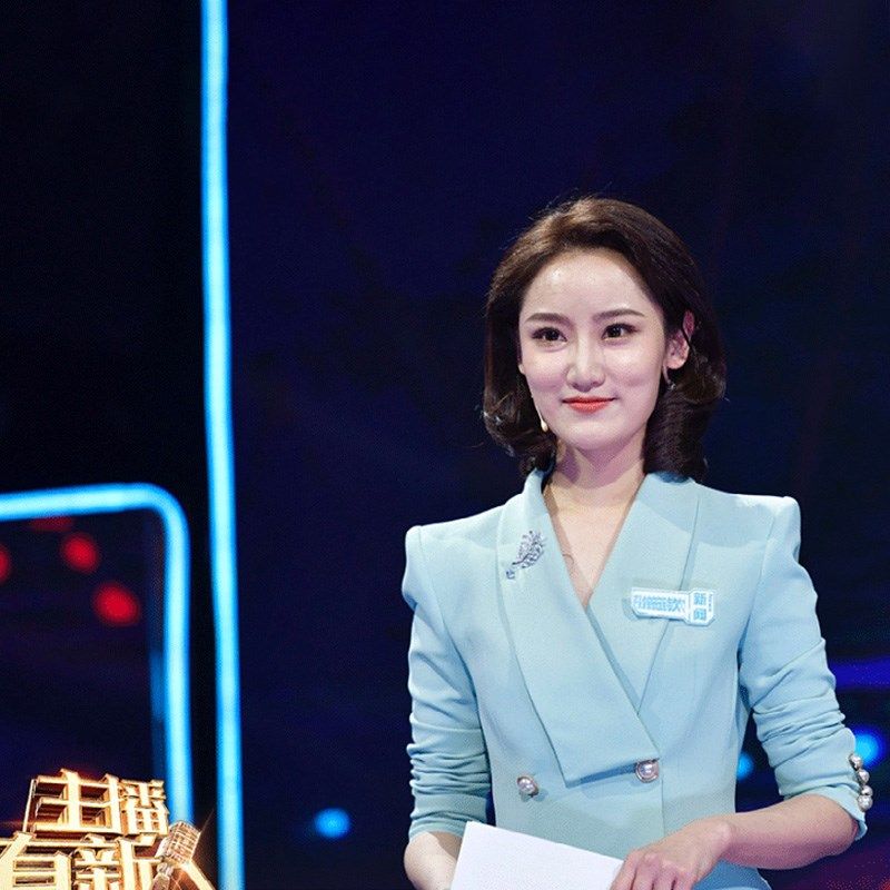 蓝色主持人西服套装女播音艺考正装小西装演讲比赛服装主播职业装