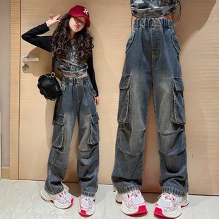 春季 春秋女大童阔腿裤 牛仔裤 春款 子 女童工装 休闲宽松儿童洋气裤 裤