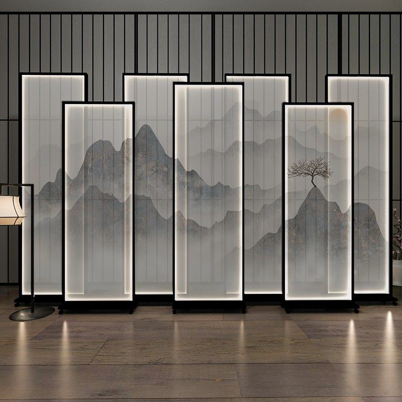 新中式铝合金屏风隔断酒店带灯背景墙装饰玄关客厅遮挡办公室座屏