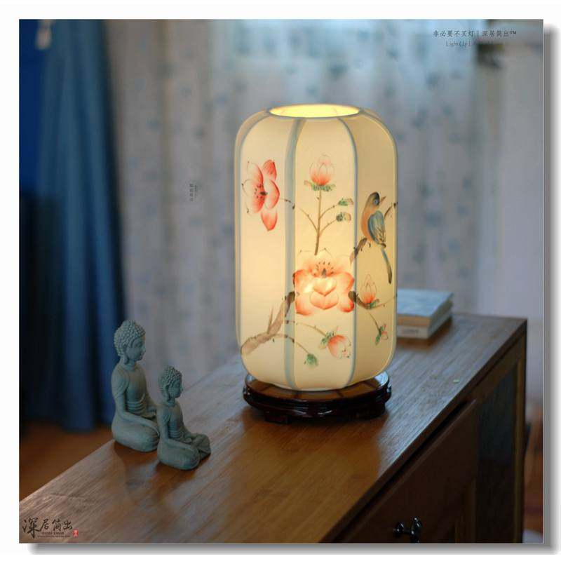 新中式手绘花鸟台灯古风卧室装饰真丝布艺床头氛围灯小夜灯可充电
