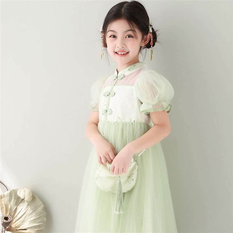 女童旗袍连衣裙2024夏季新款新中式裙子网纱公主裙碎花国风纱裙子