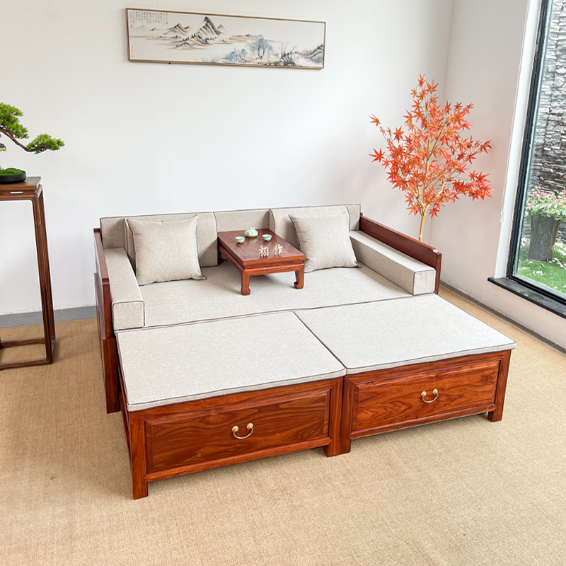 新中式可推拉实木禅意榆木推拉罗汉牀榫卯结构北美黑胡桃木沙发牀