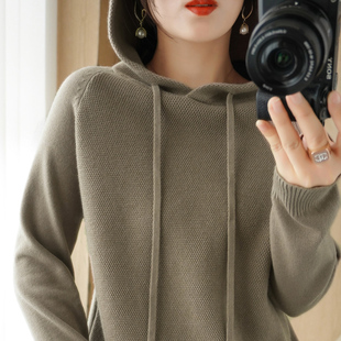 棉T帽衫 毛衣女宽松休闲加厚打底针织衫 连帽套头长袖 秋冬新款