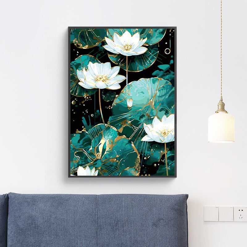 数字油画填充 填色画 手工涂色减压手绘丙烯油彩画 步步生莲荷