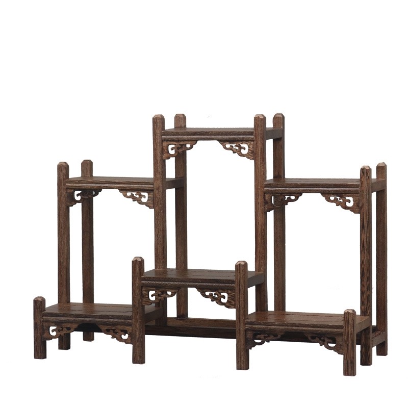 鸡翅实木雕博古架小型紫砂茶壶展示架子中式多宝阁桌