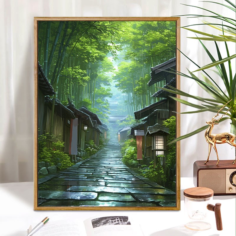古道竹林 数字油画diy简约自然风景高级感治愈手工填色摆件装饰画