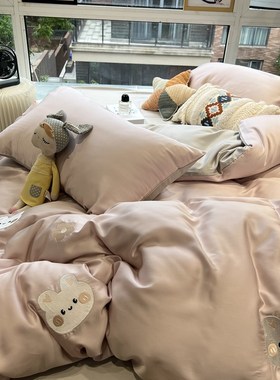 60s兰精天丝淡紫色刺绣小兔子冰丝四件套夏季文艺1.5m米被套床单