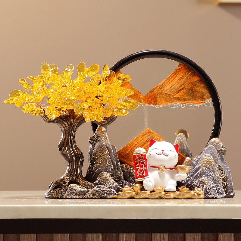 新中式发财树招财猫流沙画摆件办公室客厅玄关电视柜装饰开业礼物