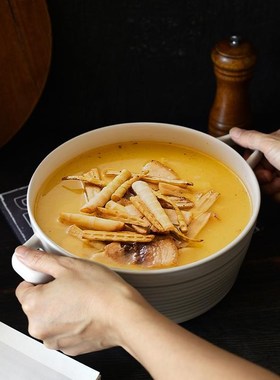 三拾家 奶油风双耳汤碗简约陶瓷家用面碗 日式汤盆螺蛳粉碗鱼汤盆