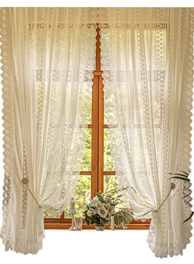 韩式田园白色蕾丝纱帘飘窗窗帘美式乡村半截帘短帘免打孔隔断门帘