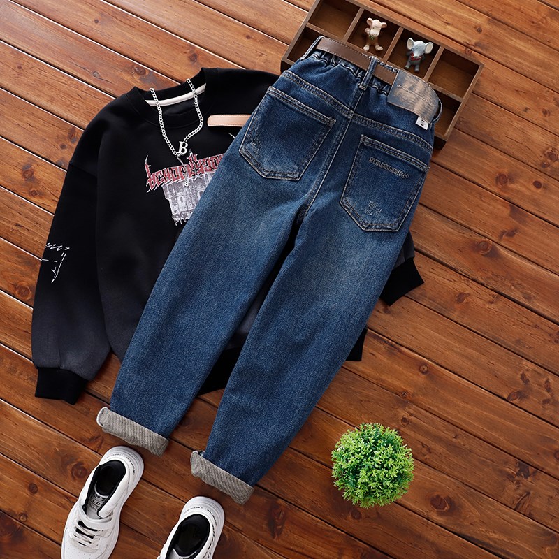 中大童蓝色瘦版牛仔裤男童秋季童装长裤儿童修身弹力牛仔小脚裤