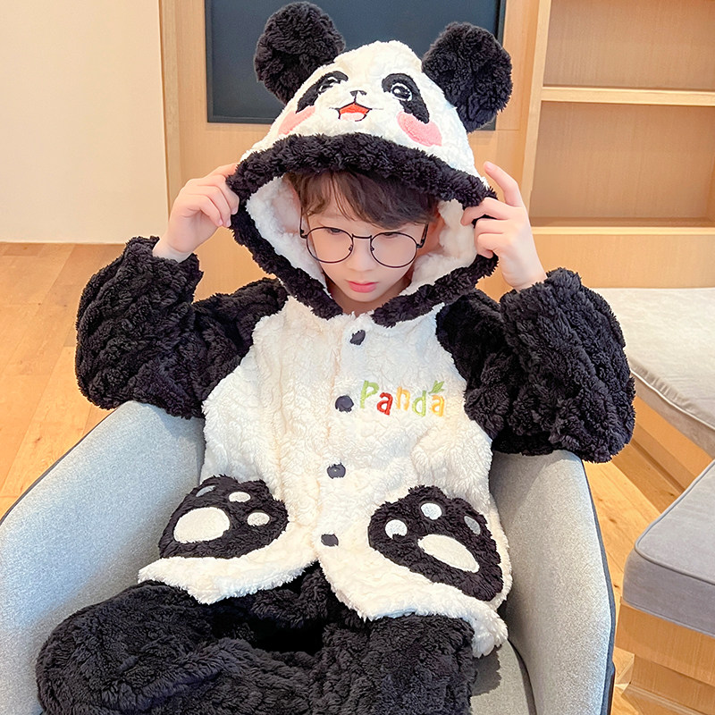 儿童睡衣男孩2023新款秋冬珊瑚绒卡通恐龙加绒加厚法兰绒男童套装