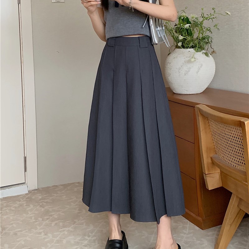 学院风灰色西装百褶裙中长款女大码高腰显瘦垂坠感A字裙半身长裙