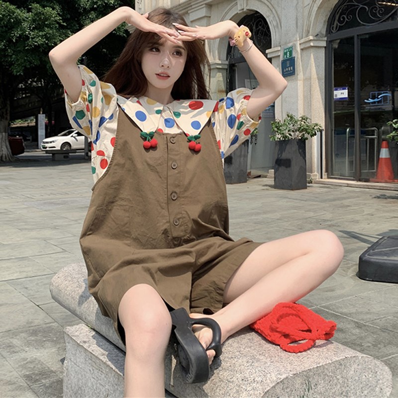 大码女装2024夏胖mm显瘦套装甜美娃娃领彩色波点衬衫+宽松背带裤