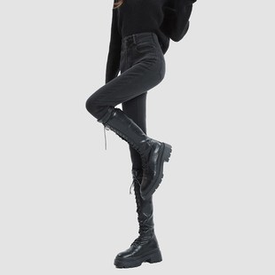 女修身 紧身铅笔裤 九分提臀弹力小脚裤 黑灰双扣高腰靴裤 新款 牛仔裤