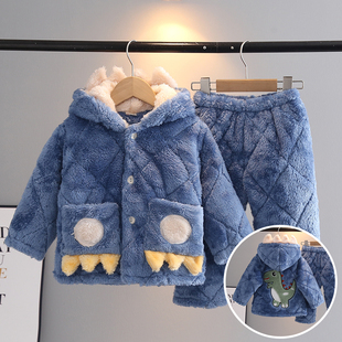 冬季儿童睡衣长毛绒加厚夹棉男童宝宝小孩子珊瑚绒家居服套装带帽