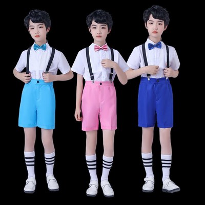 新款男童背带衬衫套装黄色蓝色绿色背带裤六一幼儿小男生演出礼服