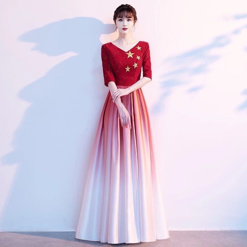 大合唱团演出服女长裙红歌比赛服装红色爱国朗诵指挥主持人晚礼服