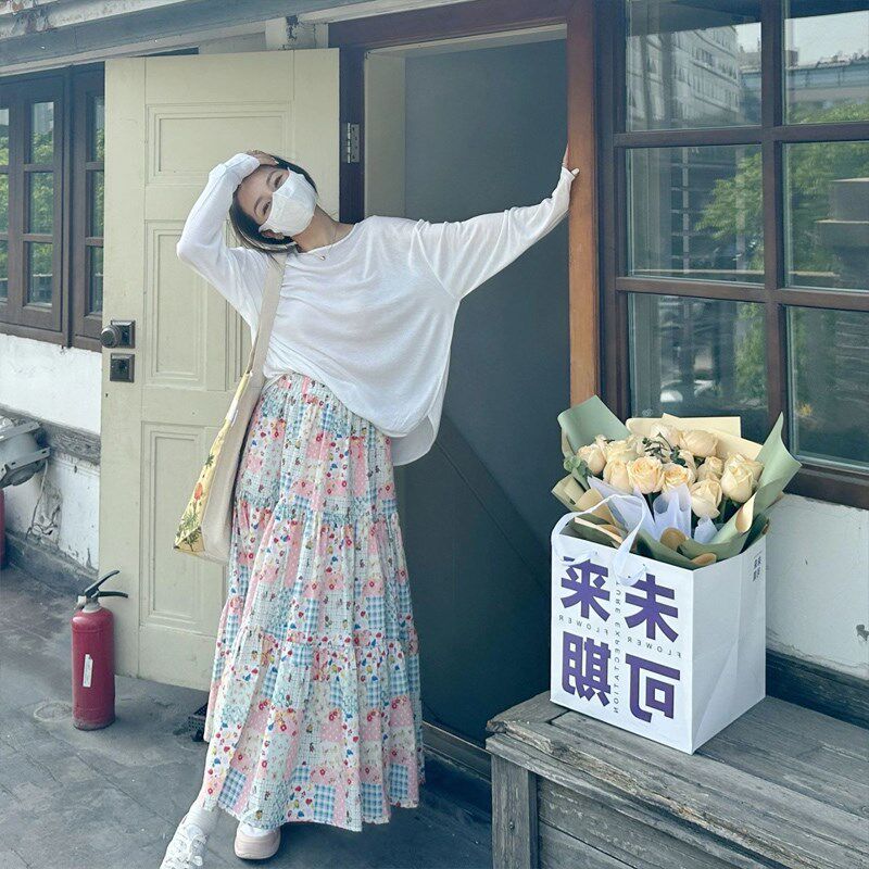 夏装搭配一整套女夏季休闲宽松防晒长袖罩衫+a字碎花半身裙两件套
