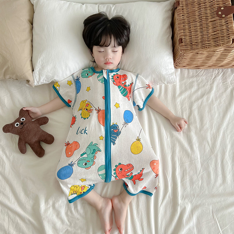 儿童睡袋夏季薄款短袖纯棉婴儿连体睡衣夏款宝宝分腿防踢被子夏天