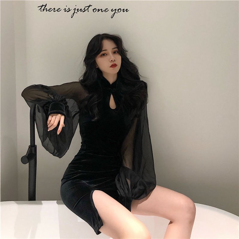 2021新款旗袍连衣裙女春秋立领灯笼袖裙子开叉收腰显瘦性感包臀裙