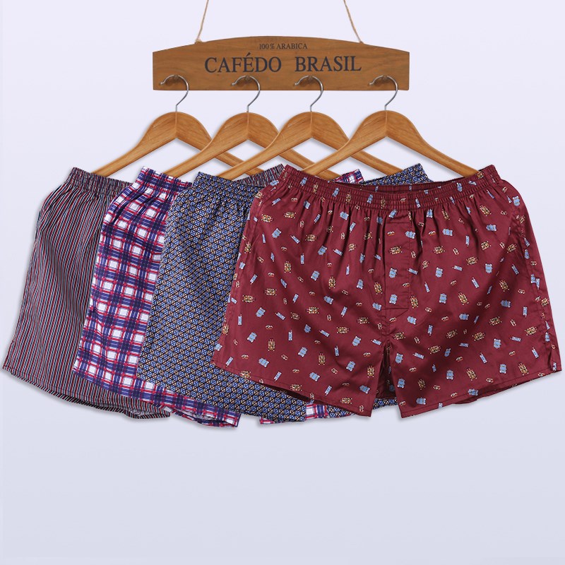 4条装阿罗裤男士贡缎纯棉布平角加大码宽松短裤四角内裤家居睡裤