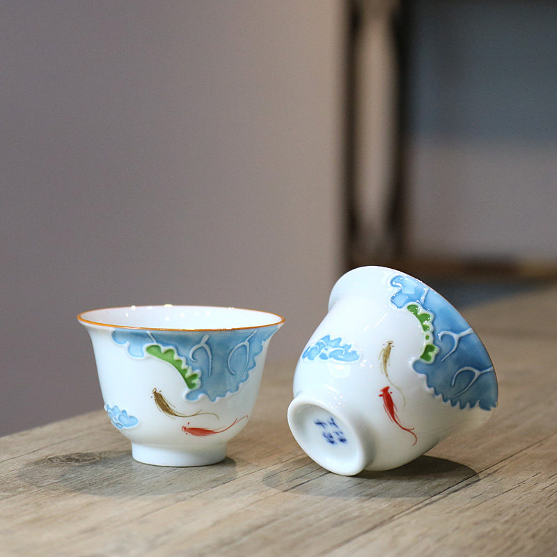 浮雕手绘品茗杯寻味堂甜白瓷小茶杯茶盏茶碗主人杯家用功夫茶具