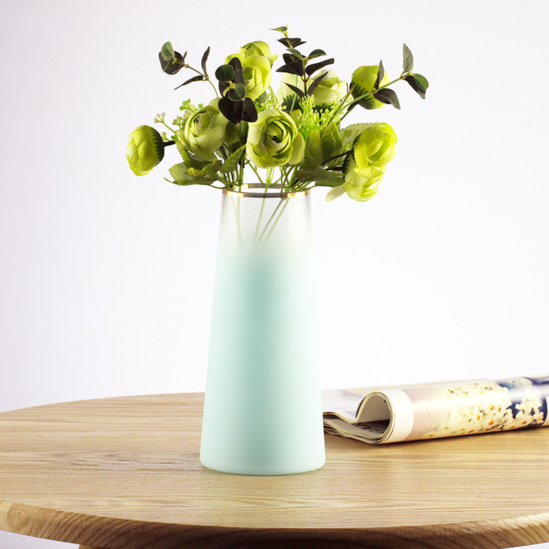 轻奢金边花瓶渐变磨砂玻璃透明花瓶客厅T型水培花瓶鲜花插花瓶