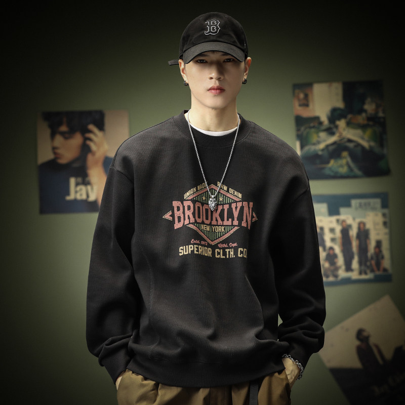 美式重磅圆领卫衣男士装春秋复古无帽外套加绒加厚宽松大码上衣潮