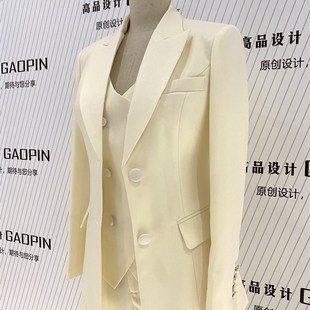 2024春季新款米白色西装套装女马夹三件套职业工作正装直筒长裤