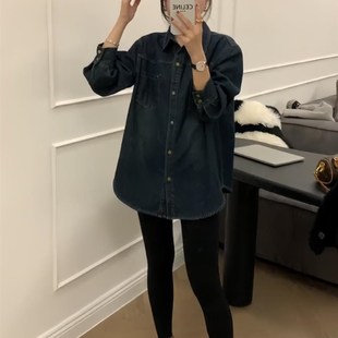 港风复古蓝加绒长袖牛仔衬衫女新款2024秋冬宽松加厚叠穿内搭衬衣
