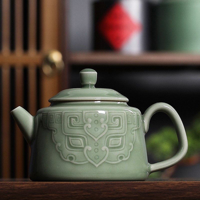 青瓷茶壶单壶小号龙泉手工刻泡茶功夫茶具复古德钟