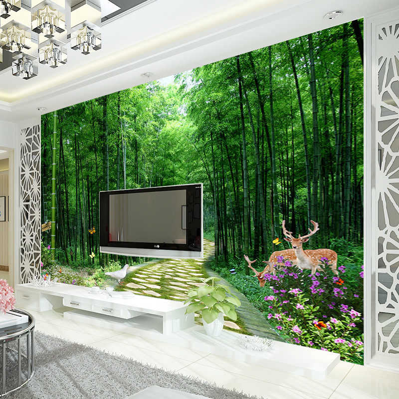 大型壁画田园电视背景墙纸客厅立体山水画竹林墙布欧式壁纸竹子