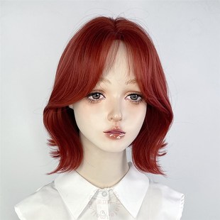 红色假发短发全头套女彩色中分八字刘海树莓红翘翘头短卷发红发毛