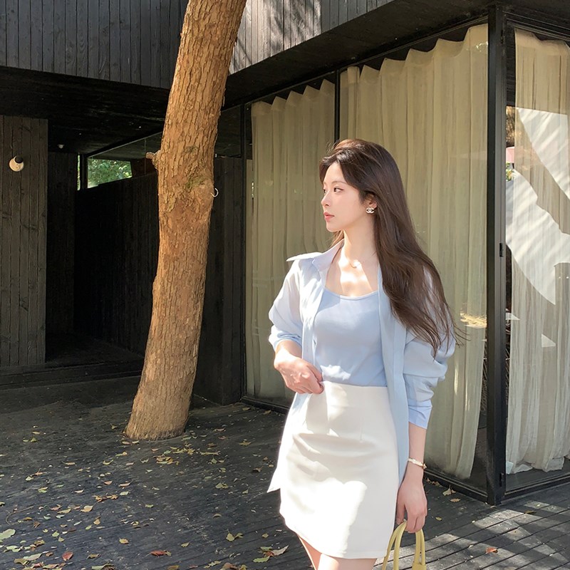 烟雾公子 衬衫女夏款蓝色薄款高级气质长袖天丝宽松吊带防晒套装