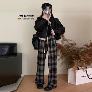 秋冬小个子裤子150格子阔腿裤女保暖抽绳直筒裤145xs加绒休闲长裤