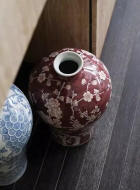 不止收纳 手绘釉下彩朱色梅瓶东方好寓意新中式花瓶花器摆件