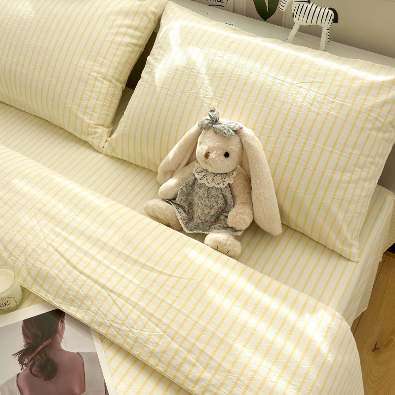 水洗棉黄条纹纯棉床单单件被单学生宿舍单人1.5m全棉可配三四件套
