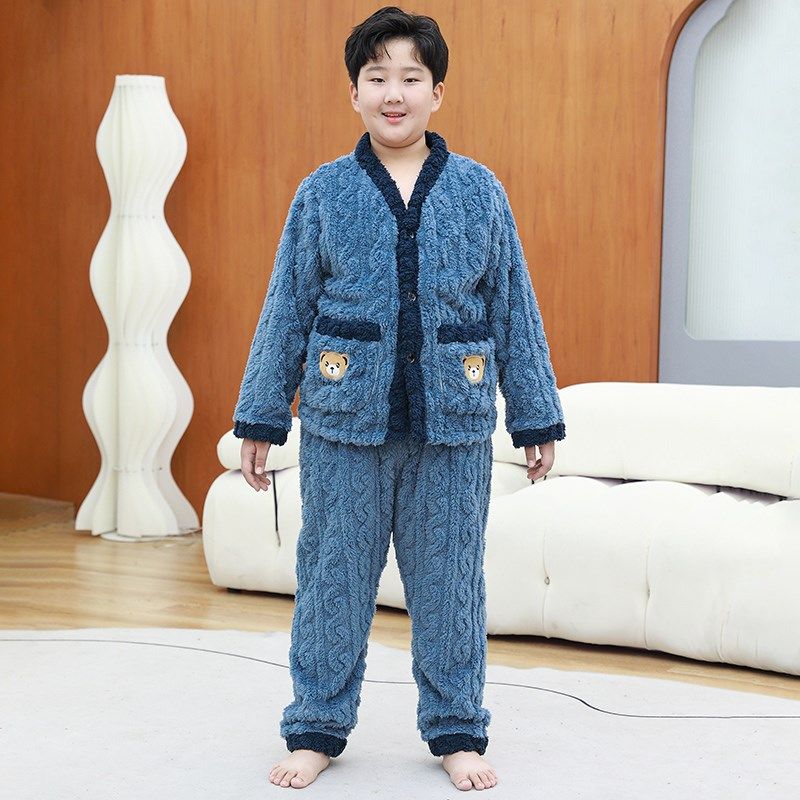 胖男童珊瑚绒家居服秋冬季加厚分体法兰绒中大童加肥加大睡衣套装