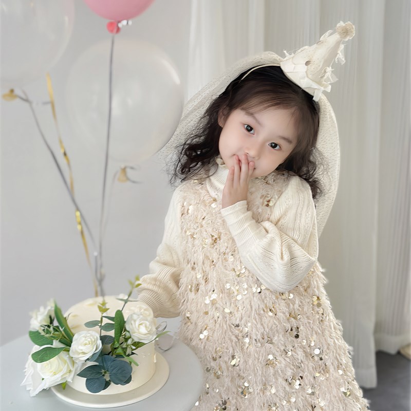 YFY秋冬女童羽毛亮片连衣裙生日礼服背心裙气质儿童公主裙图片