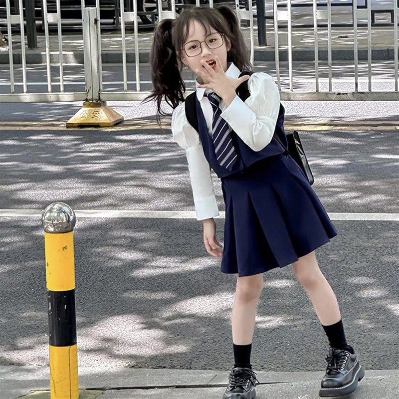 男童学院风套装春秋季JK制服假两件套女宝长袖衬衫洋气百褶裙长裤图片