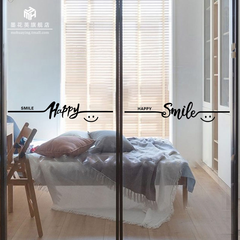 happy腰线拉门防撞装饰贴纸客厅厨房玻璃门文字英文创意墙贴画
