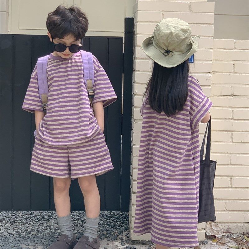 儿童兄妹装2024夏款男童短袖短裤套装女童条纹连衣裙T恤裙学院风,童装/婴儿装/亲子装,连衣裙,淘宝优惠券,粉丝福利购,淘宝优惠卷
